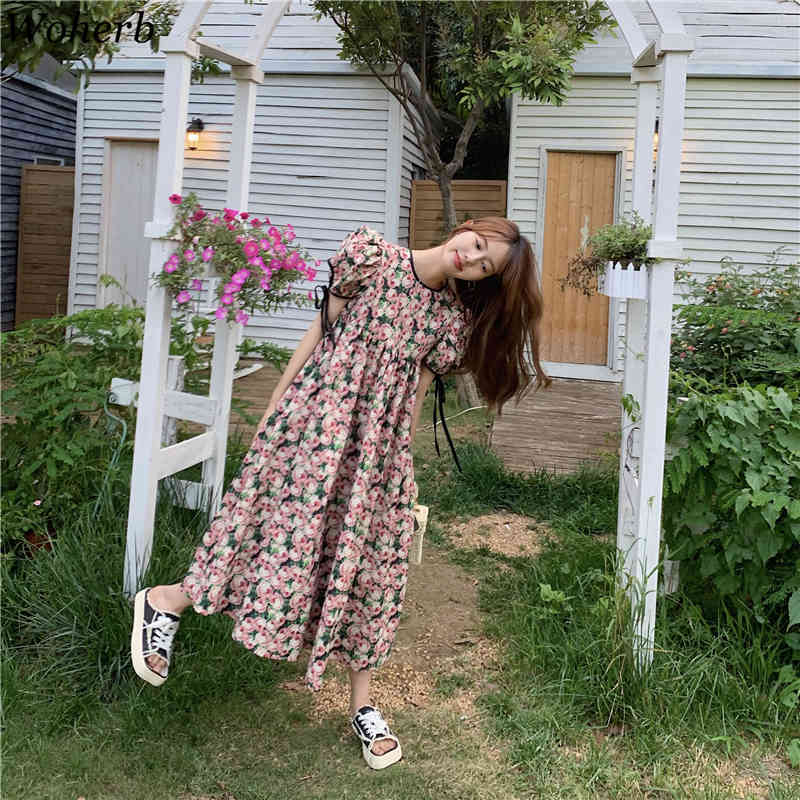 Vintage Elegant Floral Printed Dress Women Summer Short Puff Sleeve Kawaii Loose Dresses Fashion Korean Vestidos Femme 210519