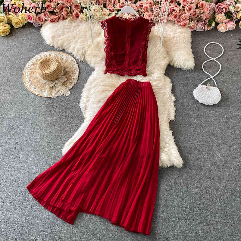 Summer Women 2 Piece Set Solid Tank Chiffon Lace Blouse+High Waist Pleated Skirts Beach Style Fashion Korean Outfits 210519