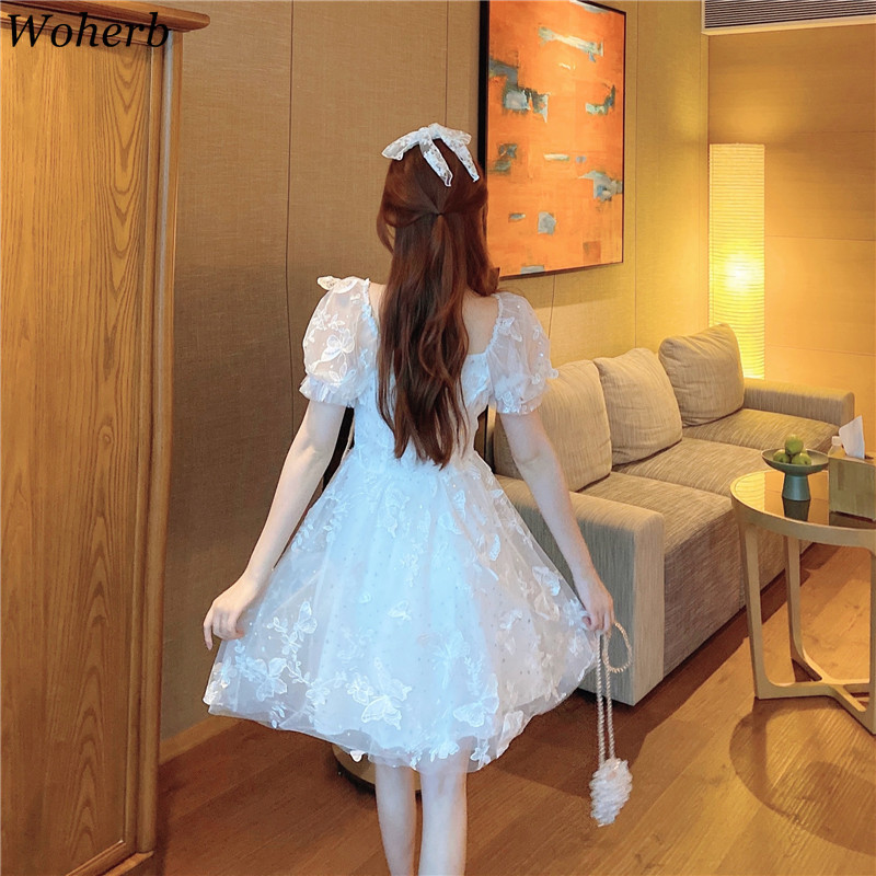 Dress Women Elegant Gauze Butterfly White Robe Embroidery Sweet Puff Sleeve Vestidos Sequins Patchwork Lace-up Dresses 210519