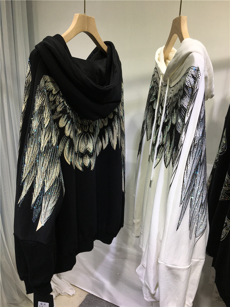 Autumn european Design womens hooded long sleeve wing rhinestone patched loose couple lovers sweatshirt jumper hoodies