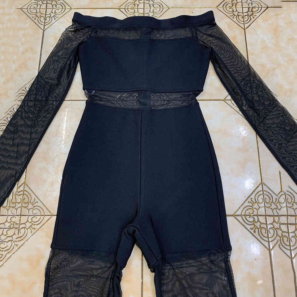 Free Sexy Tulle Bandage Playsuits Women's One Shoulder Long Sleeve Black Mesh Sheer Club Party Jumpsuit 210524