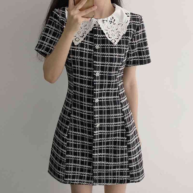 Neploe Vintage Dress Women Lace Peter Pan Collar Patchwork Korean Vestidos Single Breasted Slim Waist Short Sleeve Plaid Dresses 210422