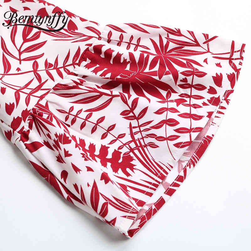 V-neck Button Detail Flare Sleeve Printed Dresses Summer Women Holiday Boho Casual Tie Waist Ruffle Mini Dress 210510