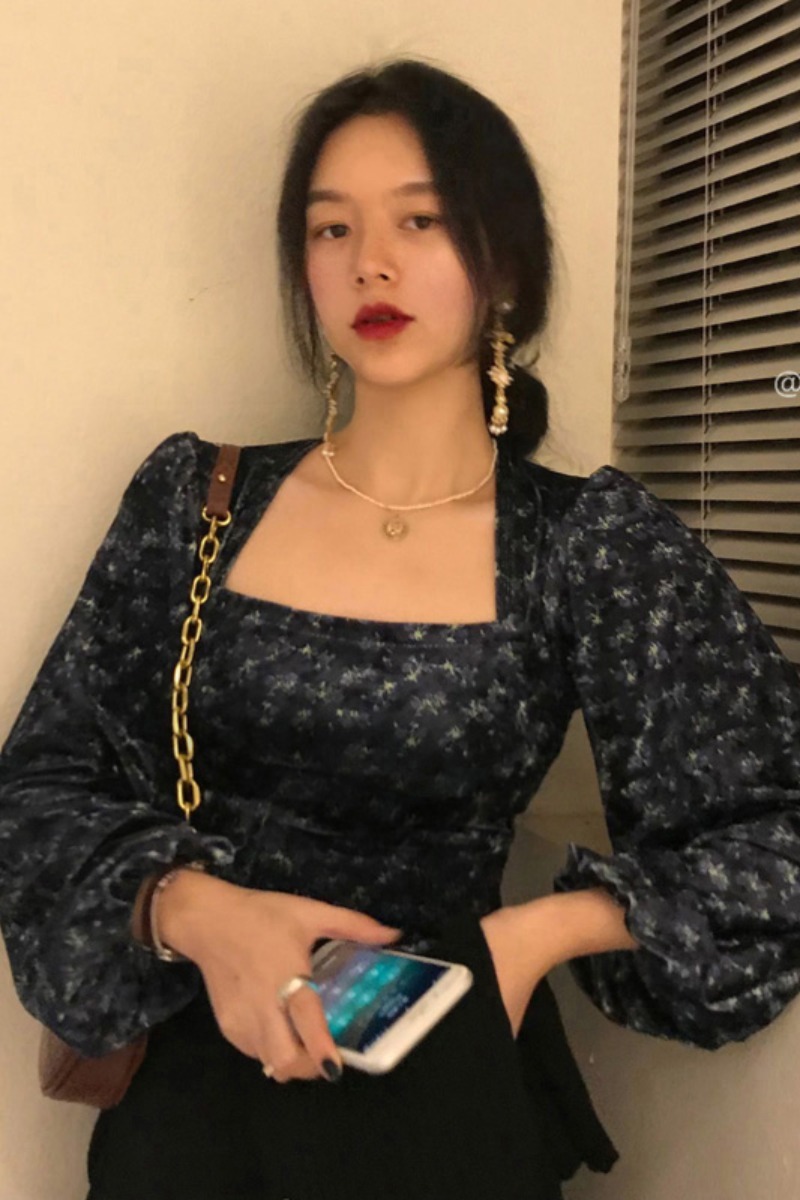 Crop Blusas Korean Chic Retro Elegant Square Collar Floral Print Puff Sleeve Shirt Spring Vintage Blouse Mujer 210519