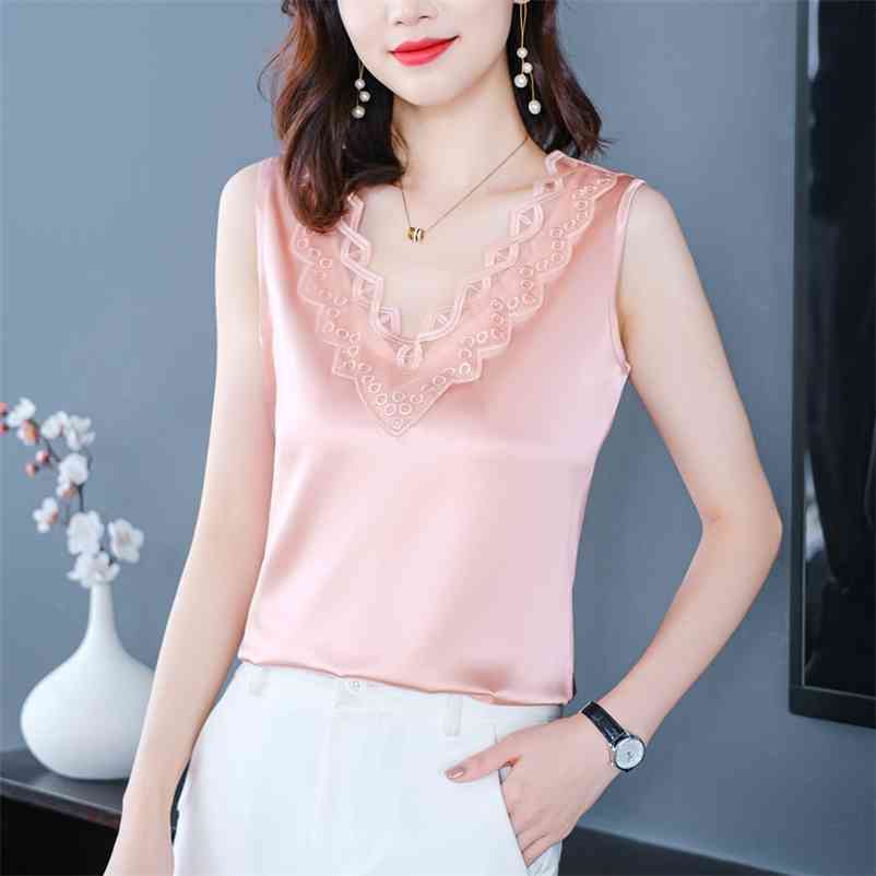 Korean Blouse Women Silk s Sleeveless Tops Pullover Shirt Woman V-Neck Hollow Out Plus Size 210604, Pink 
Korean Blouse Women Silk s Sleeveless Tops Pullover Shirt Woman V-Neck Hollow Out Plus Size 210604, Pink