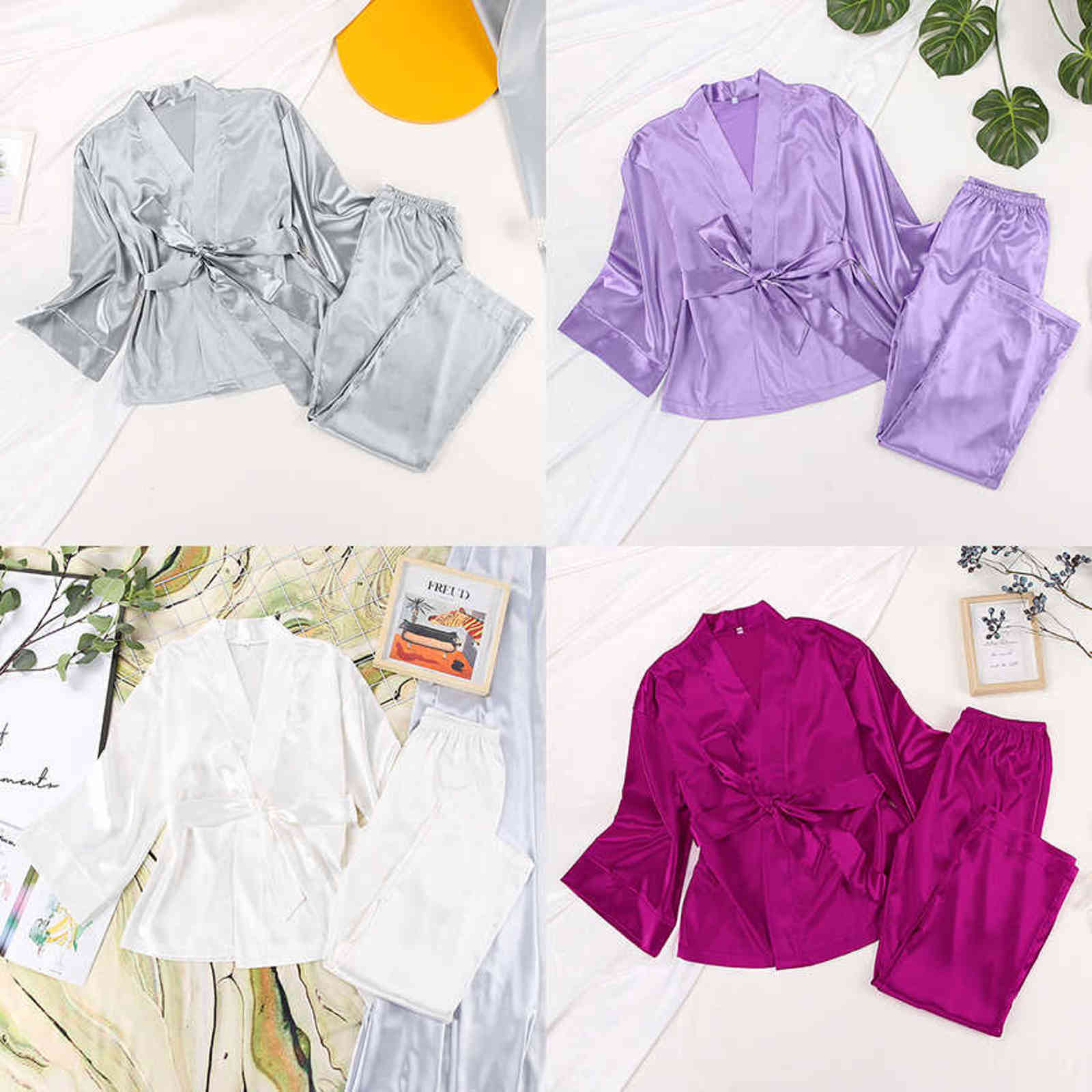 HECHAN Solid Women Robes With Sashes 2 Piece Set Wrist Sleep Tops Satin Pants Loose Pajamas Casual Sleepwear Female Home Suits 211118
