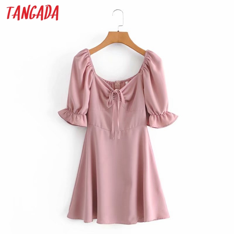 Summer Women French Style Pink Puff Short Sleeve Ladies Mini Dress Vestidos 5D30 210416