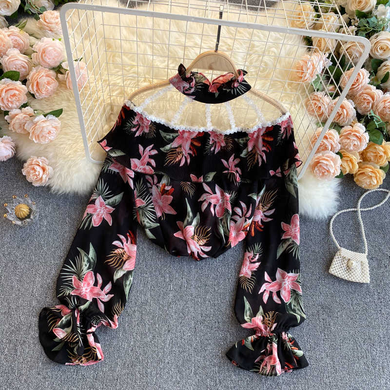 Women Fashion Stand Neck Lace Stitching Sweet Long Sleeve Slim Chiffon Shirt Holiday Ruffle Elegant Korean Clothing Blouse R071 210527