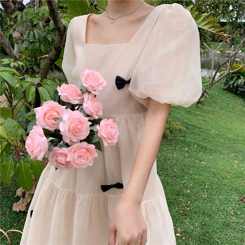 Elegant Square Collar Women Solid Chiffon Puff Sleeve Dresses Korean Fashion Sweet Bow Vintage Fairy Party Dress Vestidos 210518