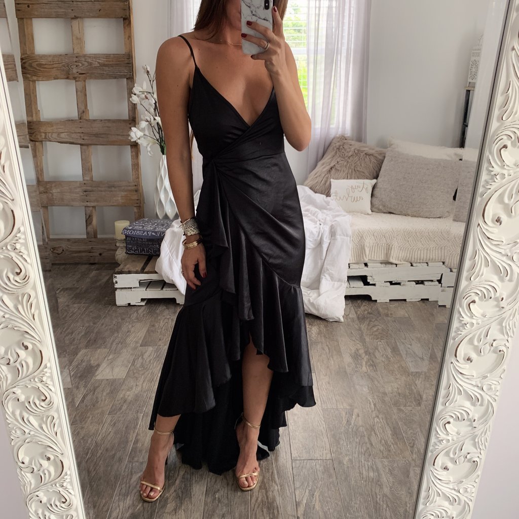 GETSPRING Women Dress Ruffles V-Neck Sexy Mermaid Dresses Plus SIze Asymmetry Balck Vintage Long Summer 210513