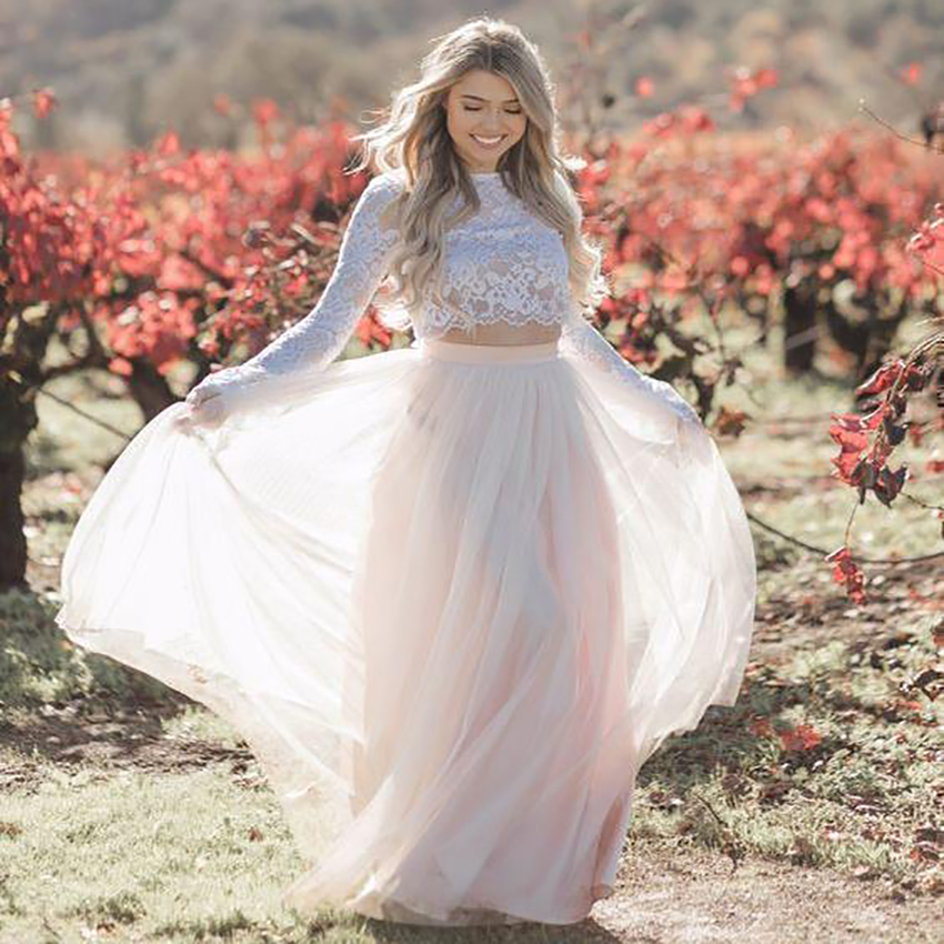 Hippies Blush Pink Gothic Wedding Dress Boho Long Sleeve Two Piece Beach Bohemian Bridal Gown Top Lace Bride Dresses Custom Made Robe De Mariee Vestios De Novia 2024