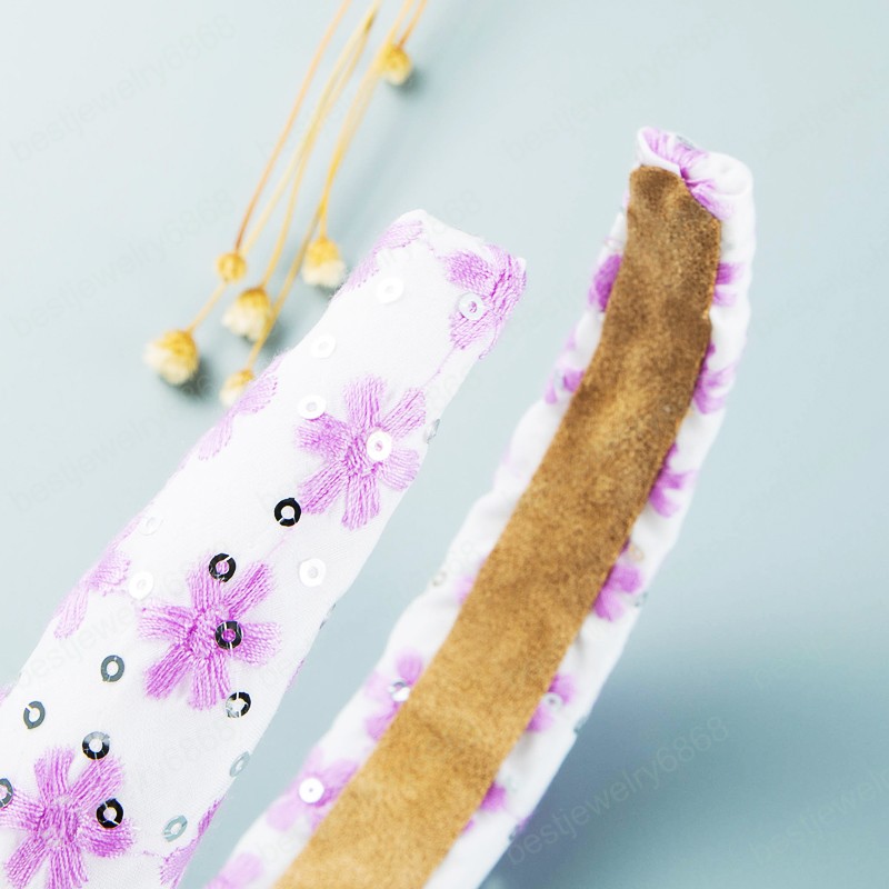Elegant Korean Embroidery Flower Headband Temperament Sparkly Sequins Thick Sponge Hairband Girls Party Jewelry Bezel
