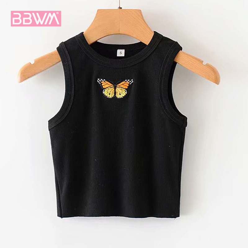 Butterfly Embroidered Word Exposed Navel Chic Women's T-shirt Round Neck Embroidered Skinny Ribbed Sleeveless Female Tops 210507