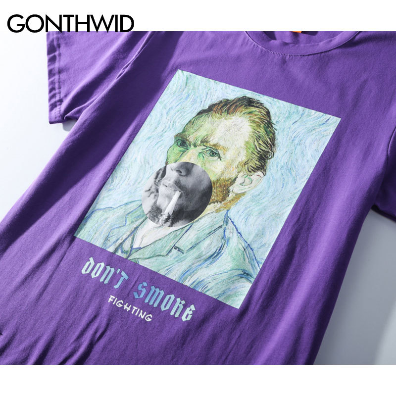 GONTHWID Funny Smoking Van Gogh T Shirts Streetwear Harajuku Style Mens Hip Hop Street Tshirts Summer Fashion Male Tops Tee 210329
