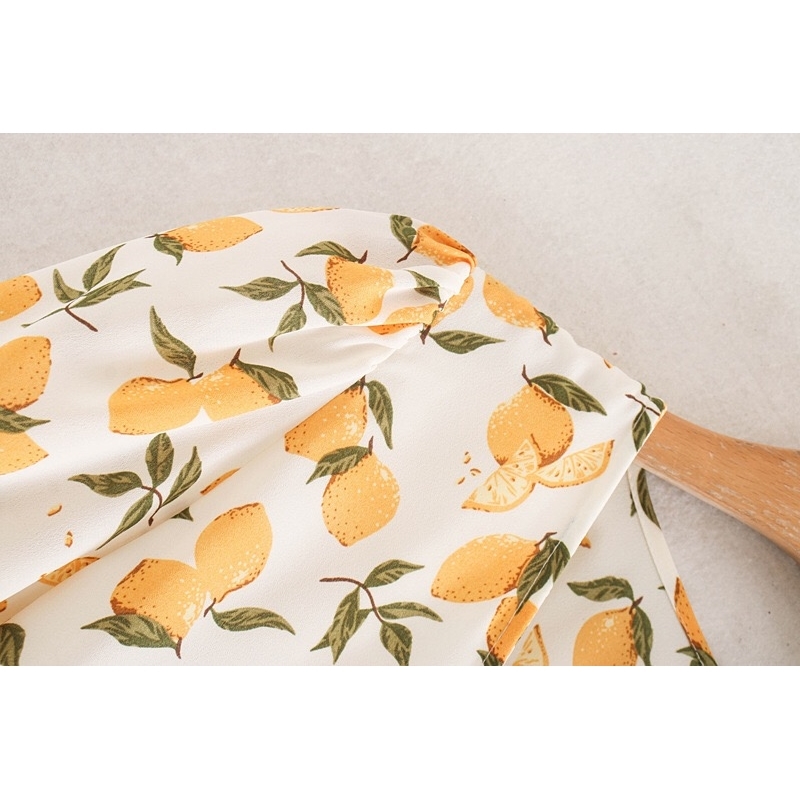 Vintage France V neck Orange Lemon Print Wrap Dress Holiday Woman Tie Bow Waist Short Sleeve Slit Midi Tea Dresses 210429