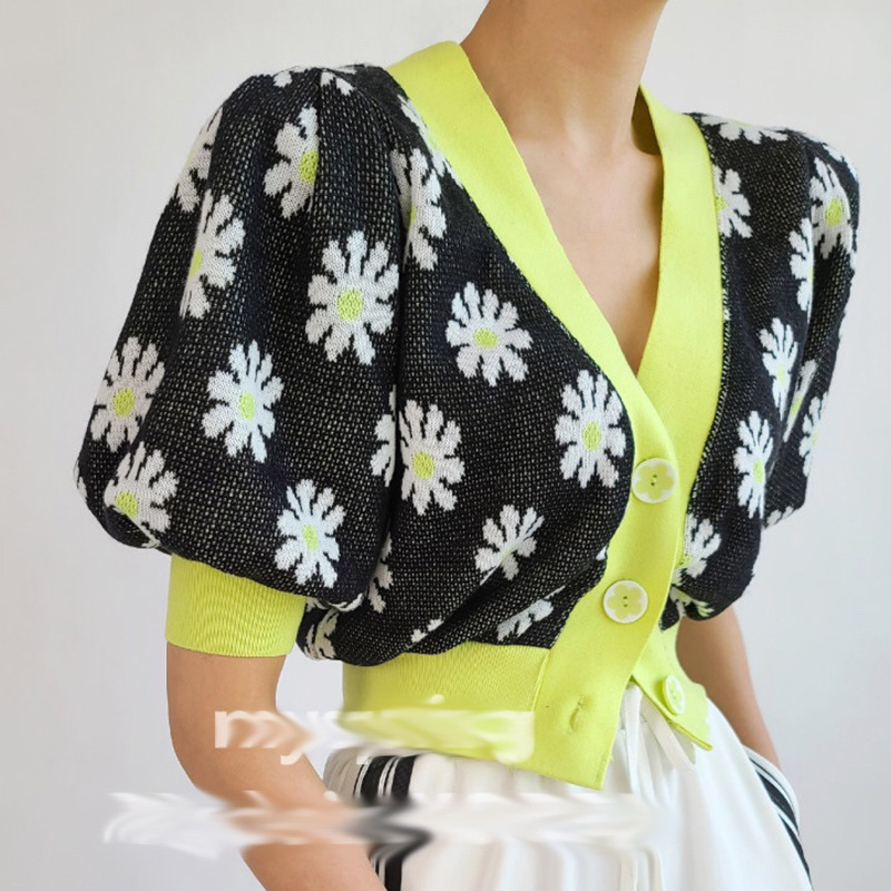 Lucyever Chic Floral V-neck Knitted Cardigan Women Summer Vintage Puff Short Sleeve Cropped Tops Female Fashion Elastic Shirts 210521wtt
