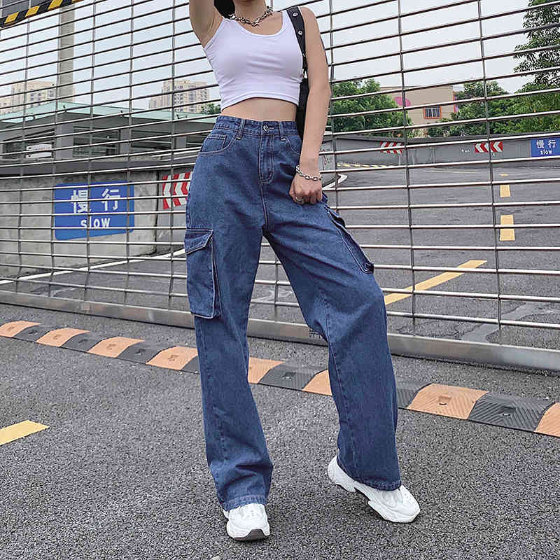 Woman cargo Jeans high Waist loose Denim Clothing Blue Streetwear Vintage Quality Fashion big pocket boyfriend Pants 210524