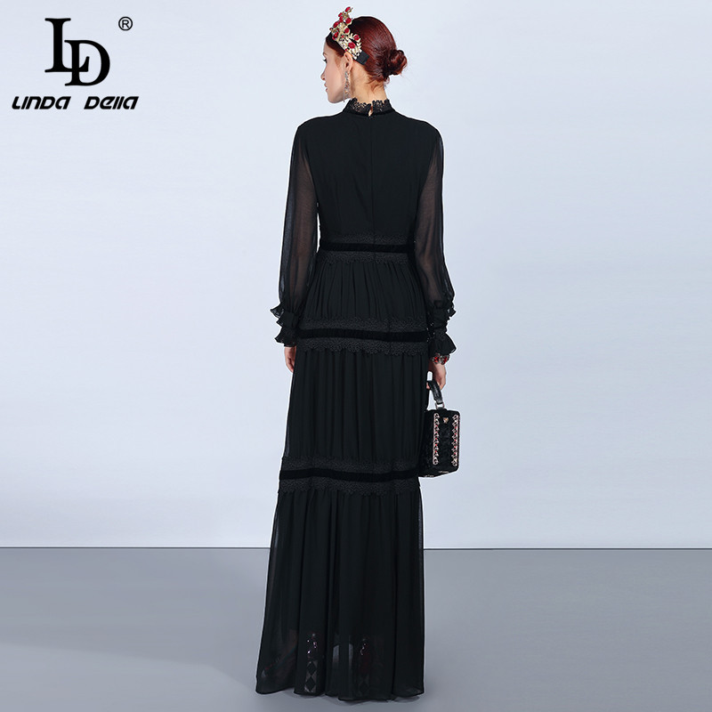 LD LINDA DELLA Fashion Runway Maxi Dresses Women's Long Sleeve Lace Patchwork Ruffles Vintage Black Dress Elegant Party Dress 210409