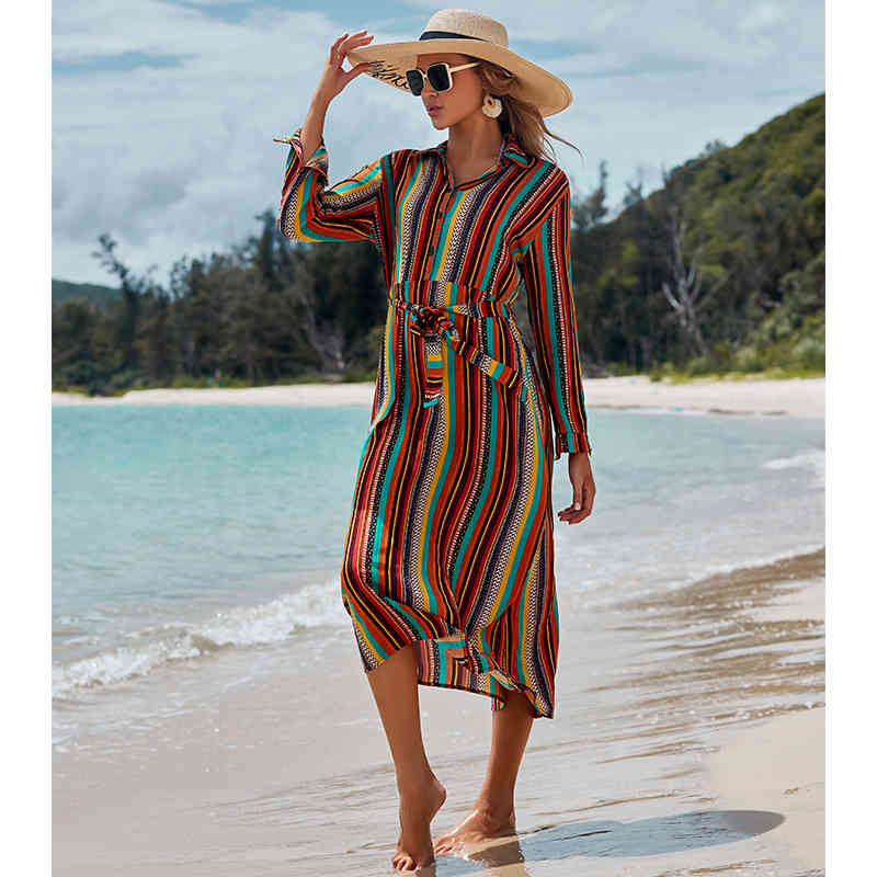 Beach Cover up Tunics for Print Chiffon Long Kaftan Bikini Robe de Plage Sarong Wrap Swimsuit cover Q1125 210420