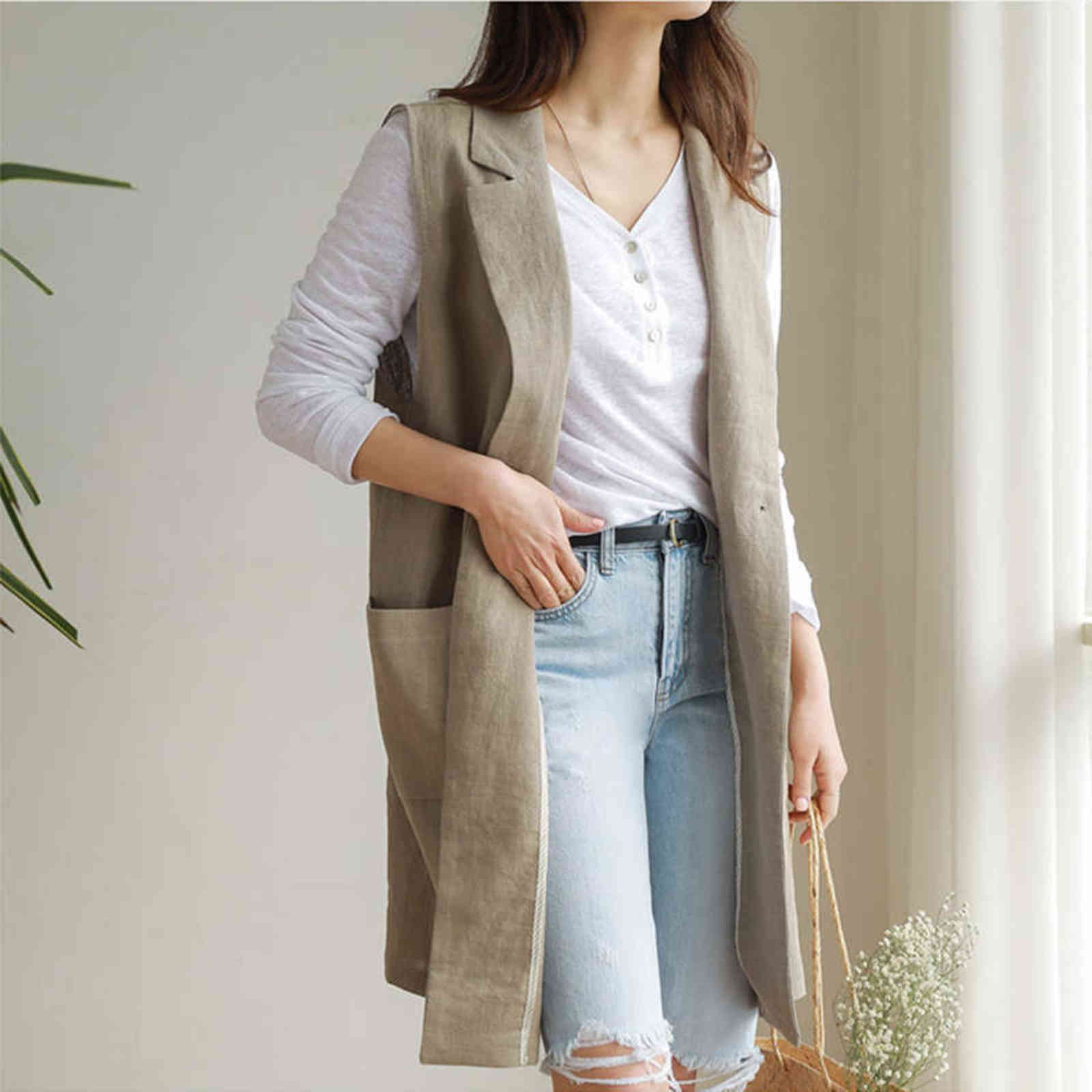 M-2XL Single-breasted Loose Simple Vest Jacket White Autumn Spring Sleeveless Suit Waistcoat Linen Long Coat Female QEN009 211120