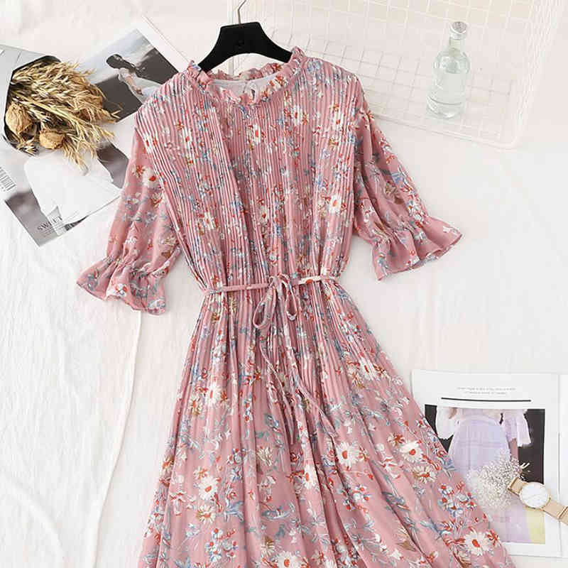 Summer Chiffon Midi Dress Korean Floral Printing Ruffles Dresses Casual Short Sleeve Pleated Hem Elegant Party Vestidos 210521
