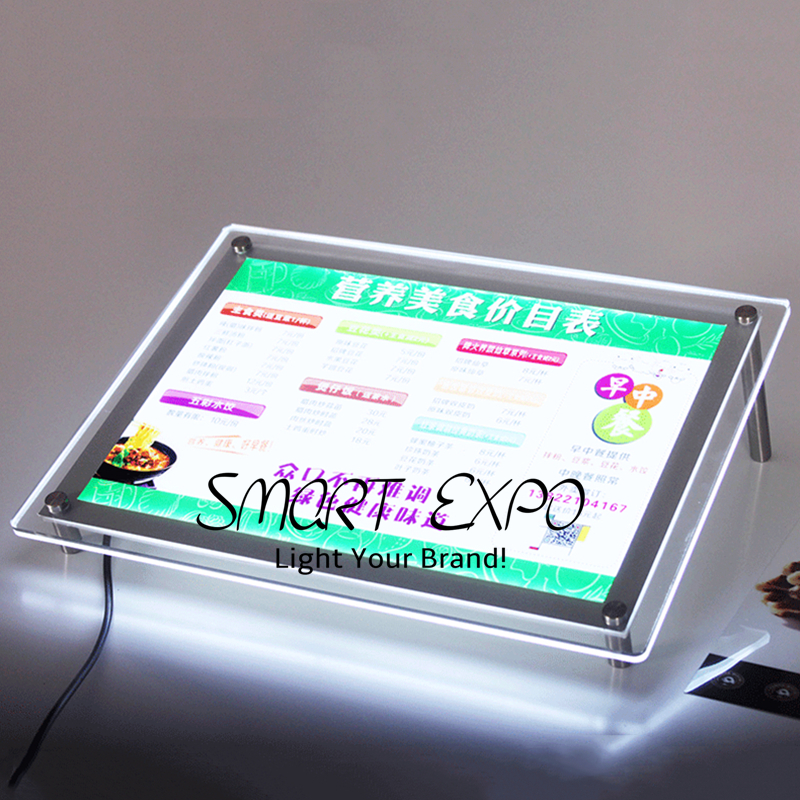 A3 Counter Crystal Light Box Advertising Display Featuring Free Standing on Table Supported by Steel Bolts and Wooden Case Packing