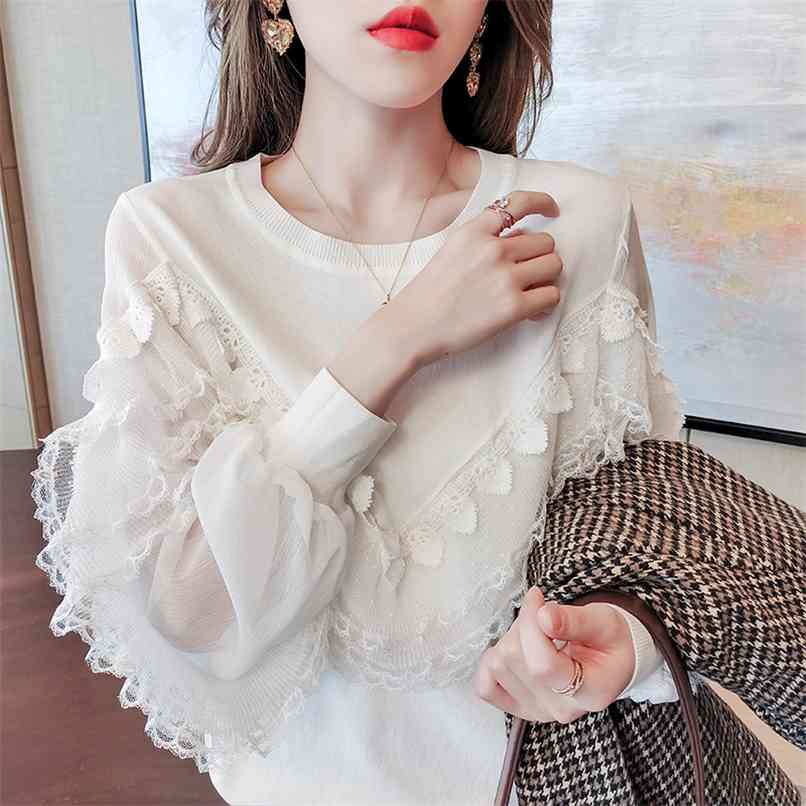 Chiffon stitching knitted bottoming shirt spring round neck super fairy lace T-shirt all-match loose top 210520, White
Chiffon stitching knitted bottoming shirt spring round neck super fairy lace T-shirt all-match loose top 210520, White