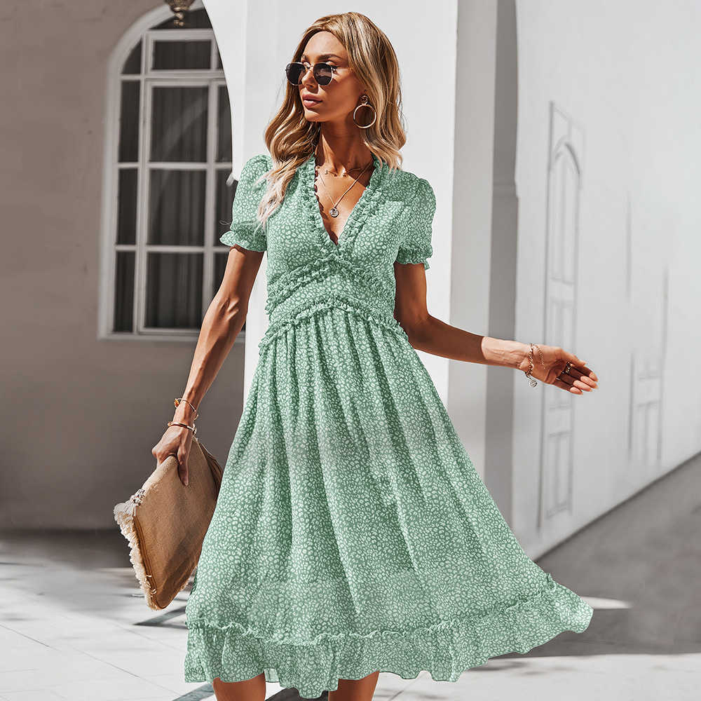Women Chiffon Long Dress Floral Printed Short Sleeve A-line Maxi Vestidos Summer Elegant Vintage V Neck Ruffle Beach Dresses 210526