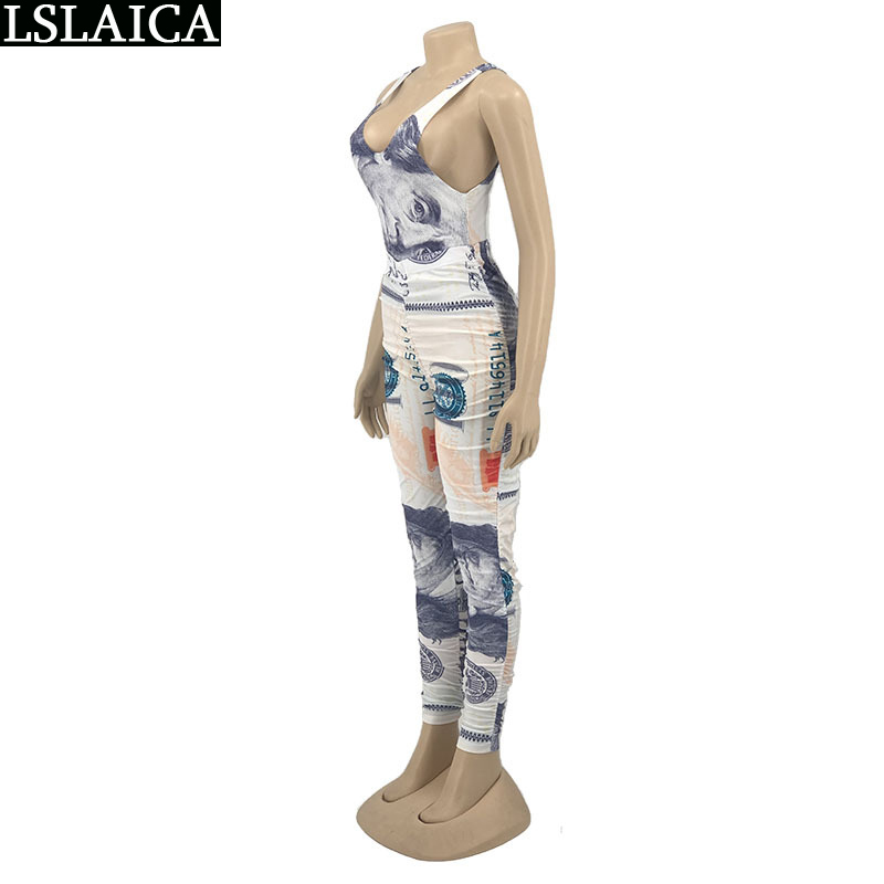 Jumpsuit Women Dollar Print Sleeveless O Neck Bodycon Bodysuit Summer Sexy Romper Fashion Outfit Club Outfits 210515