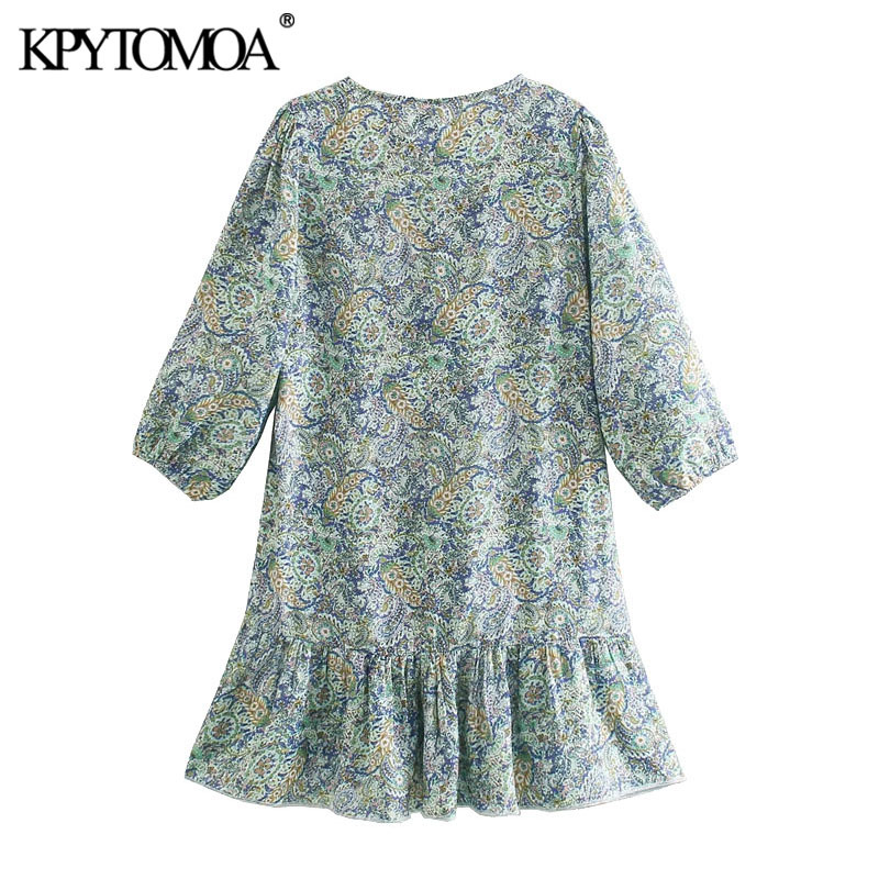 Women Chic Fashion Paisley Print Ruffled Mini Dress V Neck Three Quarter Sleeve Female Dresses Vestidos 210420