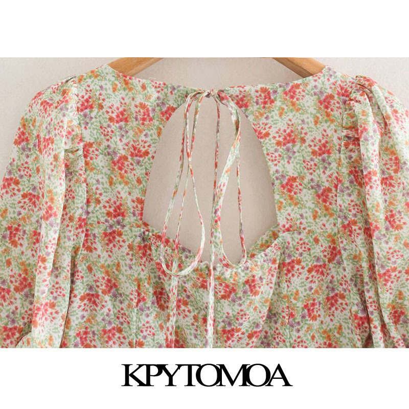 Women Chic Fashion Floral Print Pleated Midi Dress Puff Sleeve Back Zipper Female Dresses Vestidos Mujer 210420