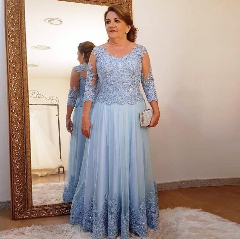 Plus Size Of The Bride A-E 3/4 Sleeves Tulle Appliques Beaded Groom Long Mother Dresses For Weddings Lz0304
