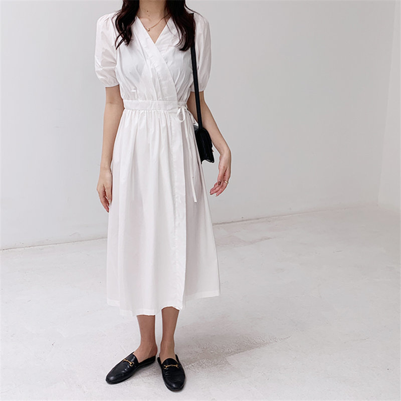 Korean High Waist Feminine Puff Sleeve Solid Chic Women Dresses Summer Waist-Controlled Long Dress Female 210421