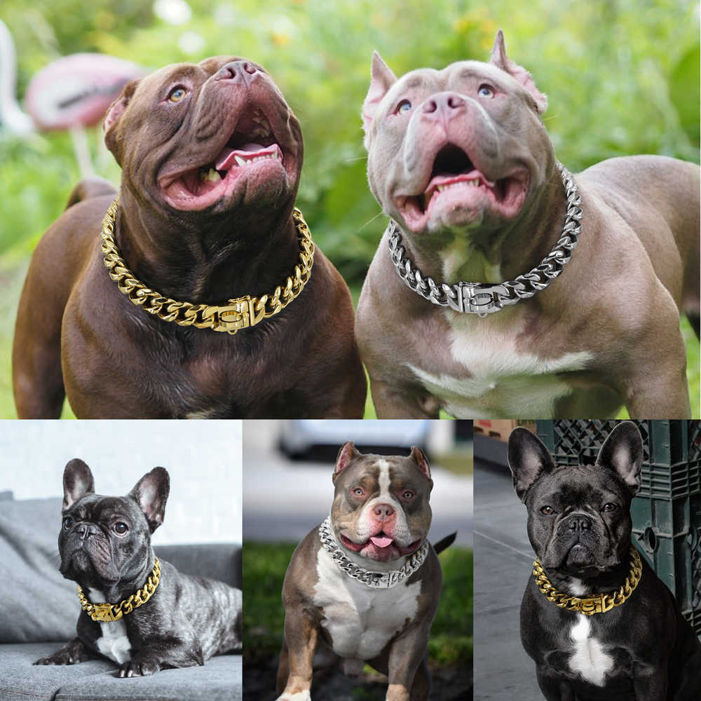 Leash necklace Bully Dog Gold sier leather medium large bite resistant stainless steel chain