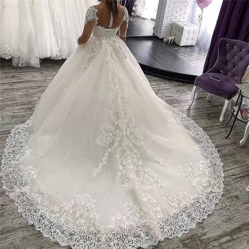 Vintage A Line Wedding Dresses Long Tulle Bridal Gowns Ivory Lace Appliqued Short Sleeves Back Lace-up Plus Size Chapel Bride Dress Court Train 2021 r