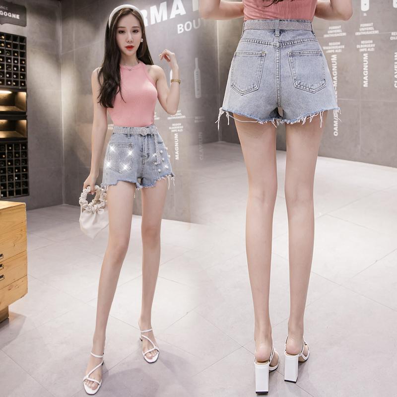 High Waist Summer Denim Shorts Women Korean Style Hollow Out Tassel Pearls Short Jeans Vintage Sequined Jean With Belt Women's