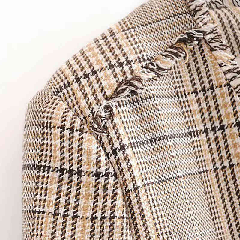 Tassel Plaid Women Blazers And Jackets Winter Elegant V-neck Office Ladies Tweed Jacket Vintage Pockets Outwear Suit Blazers 210414