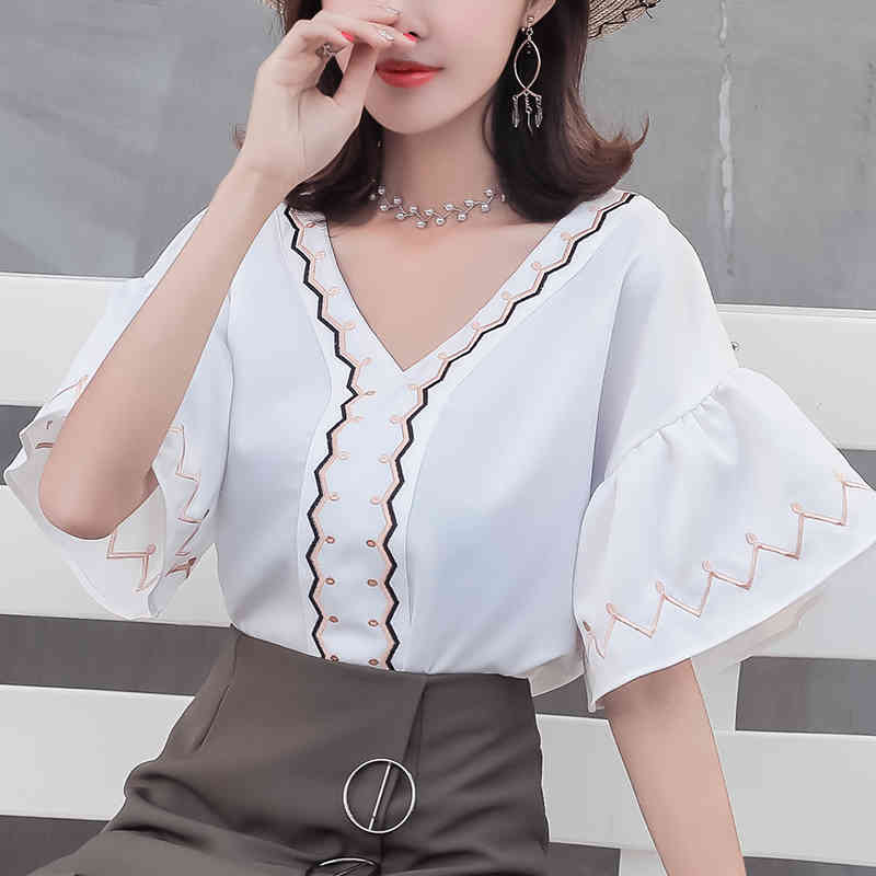 Summer flare sleeve women tops fashion woman blouses white chiffon blouse shirt blusa feminine blusas 0568 40 210506