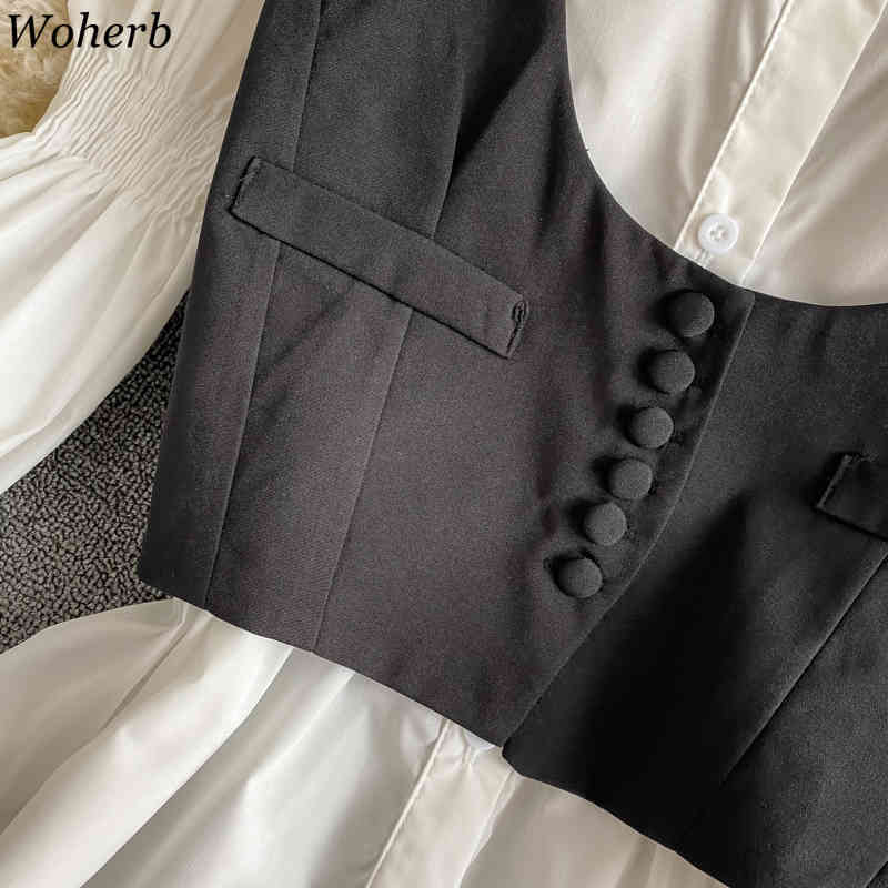 Black Vest + Long Puff Sleeve White Blouse Women Two Peices Set Korean Chic Outfits Spring Summer Casual Suit Femme 210519