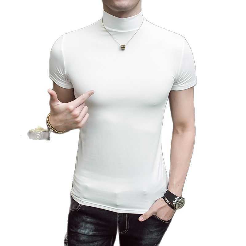 Summer Men Short Sleeve Turtleneck Slim Fit T-shirt Male Solid Black White Tees Shirts Lovers Tshirt 210629