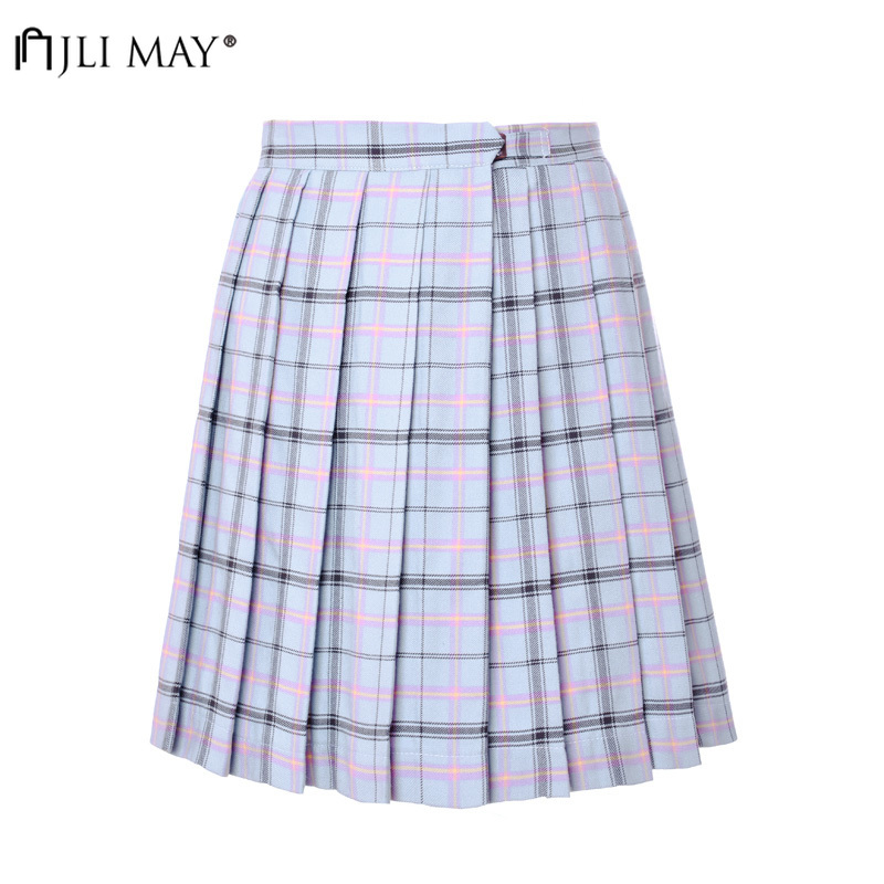 JLI MAY High Waist Pleated Mini Skirts Girls Harajuku Skirt Solid Plaid Casual chic Japan Korean style school uniform Plus size 210408