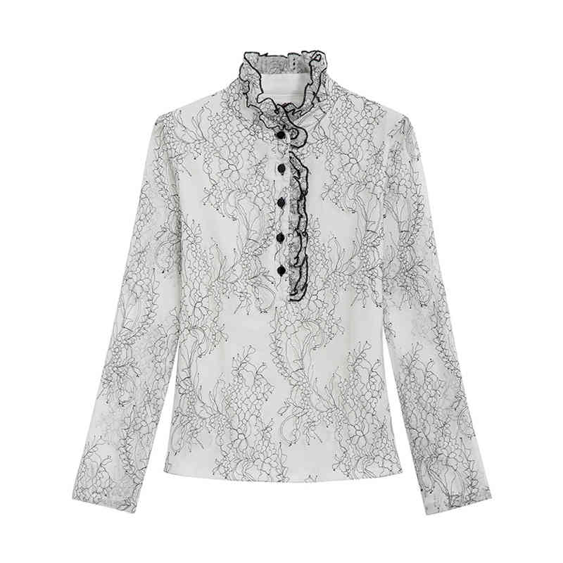 Autumn Fashion Long Sleeve Stand-Collar Lace Woman's Blouses All-match White Slim Shirt See Through Ol Style 10766 210518