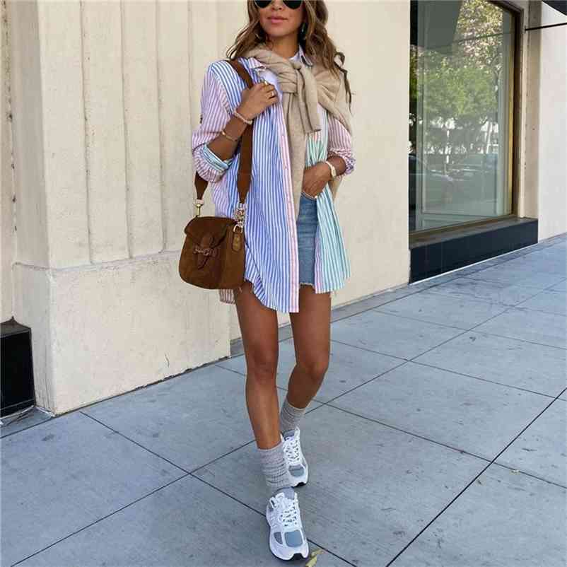 PUWD Casual Woman Loose Stripe Patchwork Shirt Spring Fashion Ladies Oversized Shirts Female Sweet Colorful Tops 210522