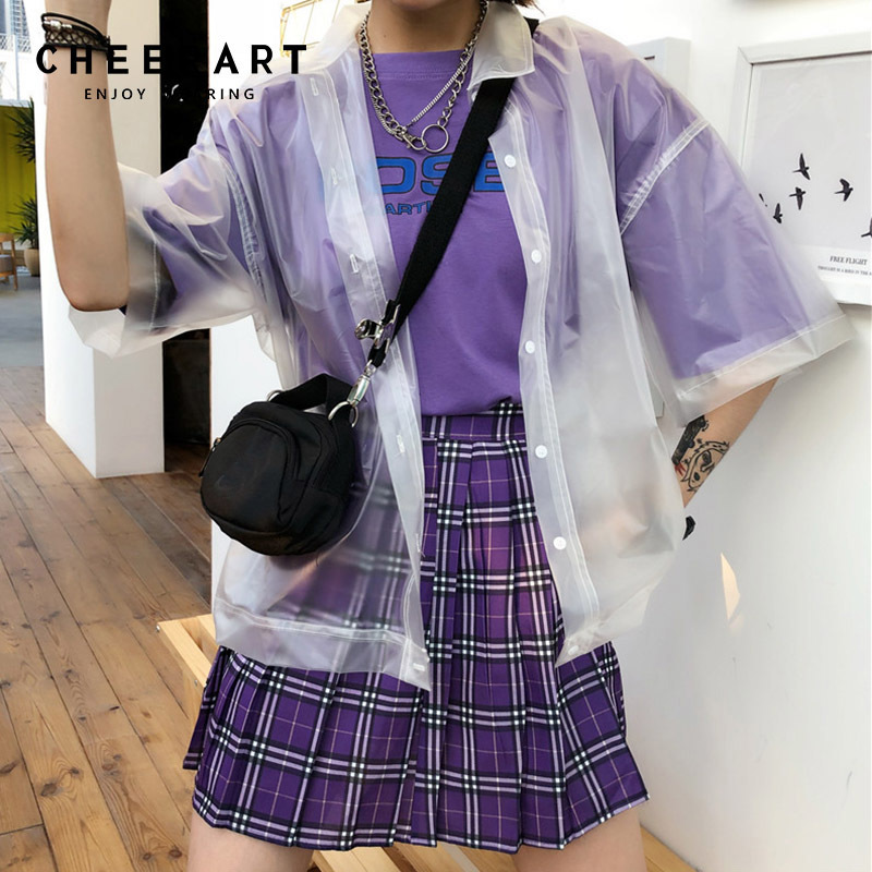 Rain-Proof Streetwear Transparent Shirt Women Summer Cardigan See Through Tops And Blouses PVC Loose Top Femme 210427