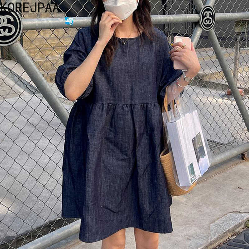 Korejpaa Women Dress Summer Korean Chic Ladies Simple Round Neck Pullover Loose High Waist Puff Sleeve Thin Denim Vestidos 210526, Blue
Korejpaa Women Dress Summer Korean Chic Ladies Simple Round Neck Pullover Loose High Waist Puff Sleeve Thin Denim Vestidos 210526, Blue