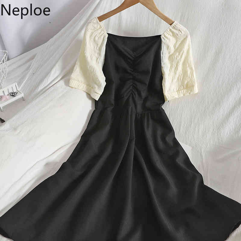 Neploe Summer Dress Women Elegant Pleated Korean Vestidos Mujer Contrast Color Patchwork Temperament Dresses Vintage Robe 4i820 210422