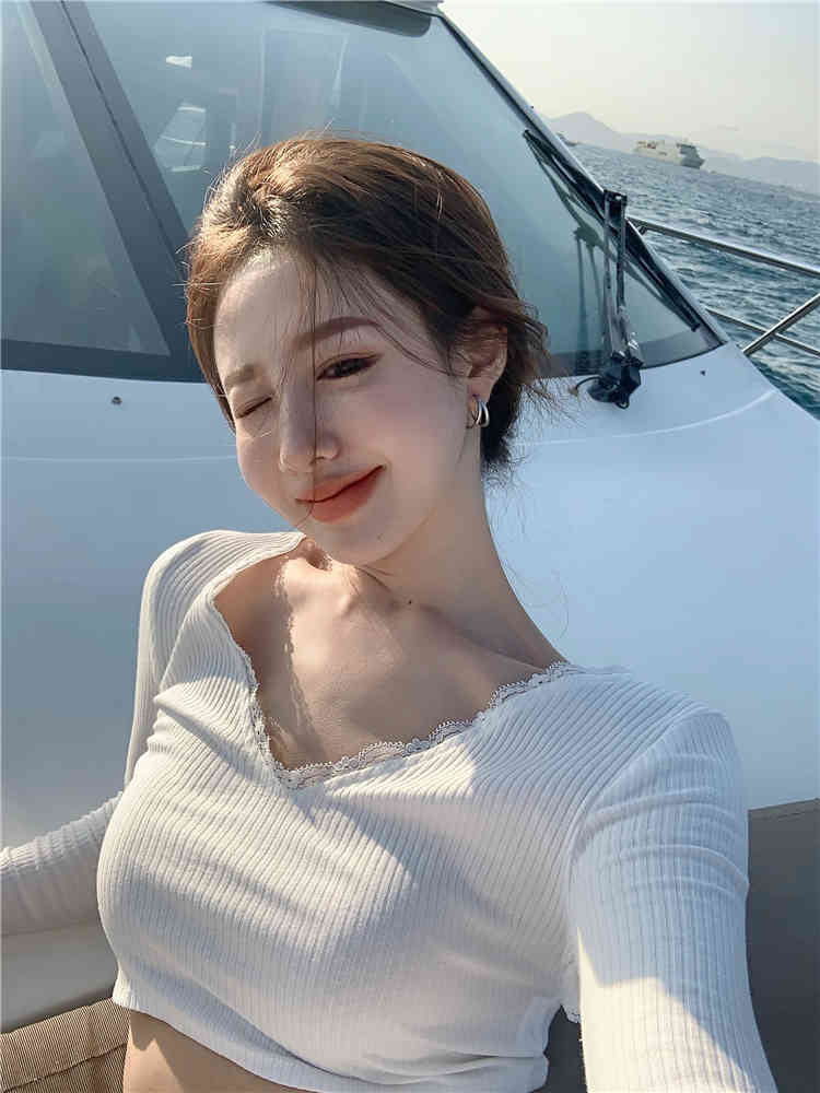 Spring korean style lace patchwork long sleeve t-shirts womens v neck tee shirt femme women thin crop tops (R99562) 210423