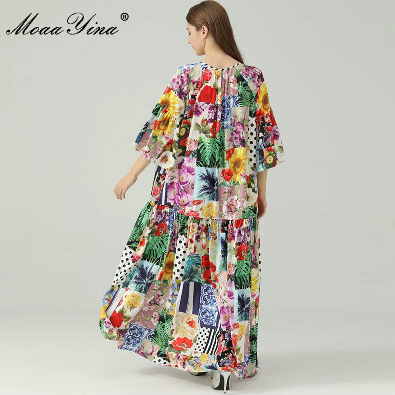 Bohemia Summer Women's Vacation Maxi Dress Loose Matching Flower Print 3/4 sleeve Fashion Long Party 210524