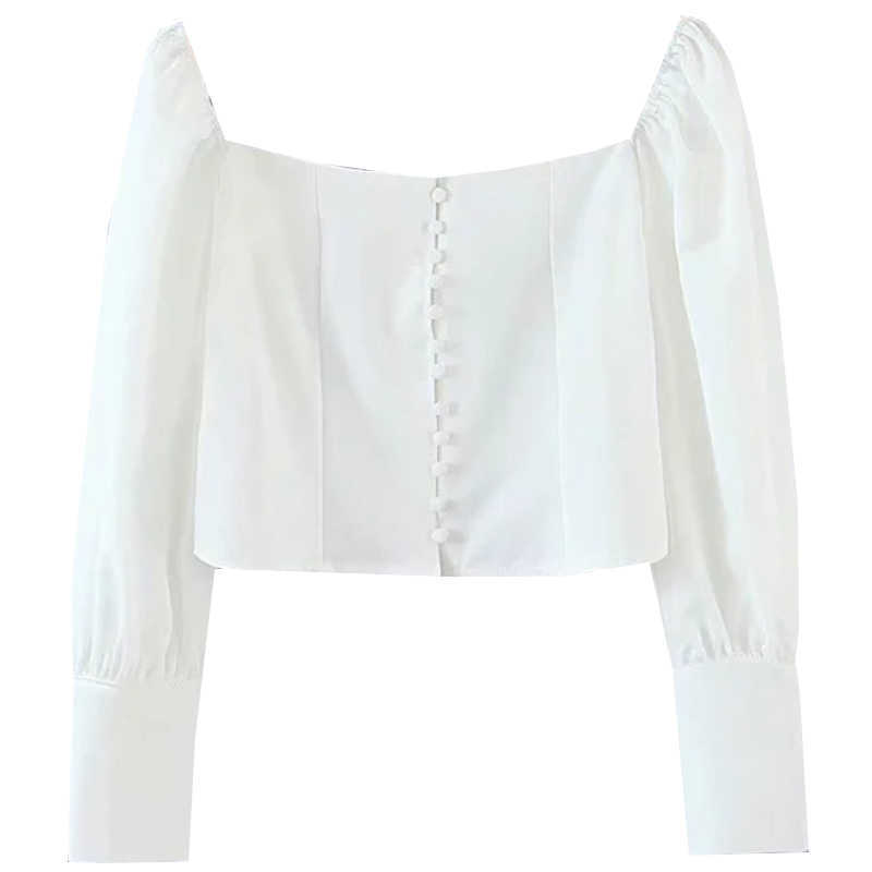 WOMENGAGA French Square Collar Single-breasted Long-sleeved Short Shirt Autumn Puff Sleeve Slim Blouse For Women CJIB 210603