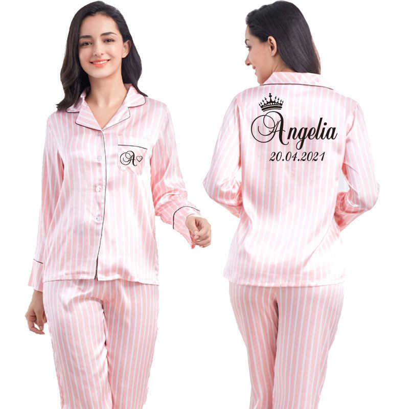 2 Piece Personalized Name Women Sleepwear Faux Silk Satin Pajamas Set Long Sleeve Sleepwear Pajamas Suit Female Homewear 210924